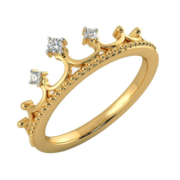 Princess Ring In 10 Kt  Yellow Gold With 3 Diamonds 0.08 Carat Crown Shaped Ring